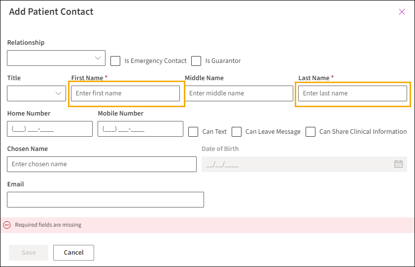 Add Patient Contact window with yellow highlights around the first name and last name fields.